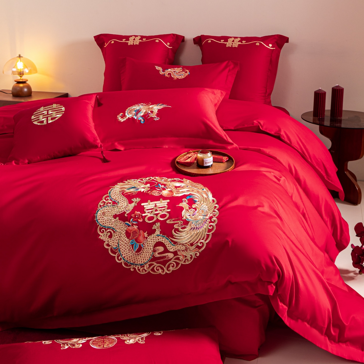 91家纺网 家纺一手货源 找家纺 东方合美（原：皇家传奇） 2026新款纯棉长绒棉刺绣婚庆四件套-龙凤系列 龙凤圆满