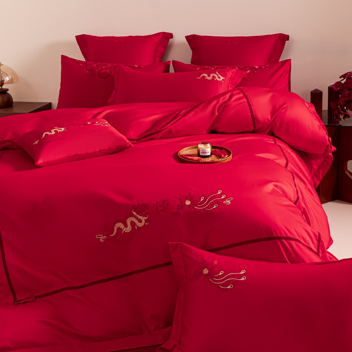 91家纺网 家纺一手货源 找家纺 东方合美（原：皇家传奇） 2026新款纯棉长绒棉刺绣婚庆四件套-龙凤系列 龙凤连理