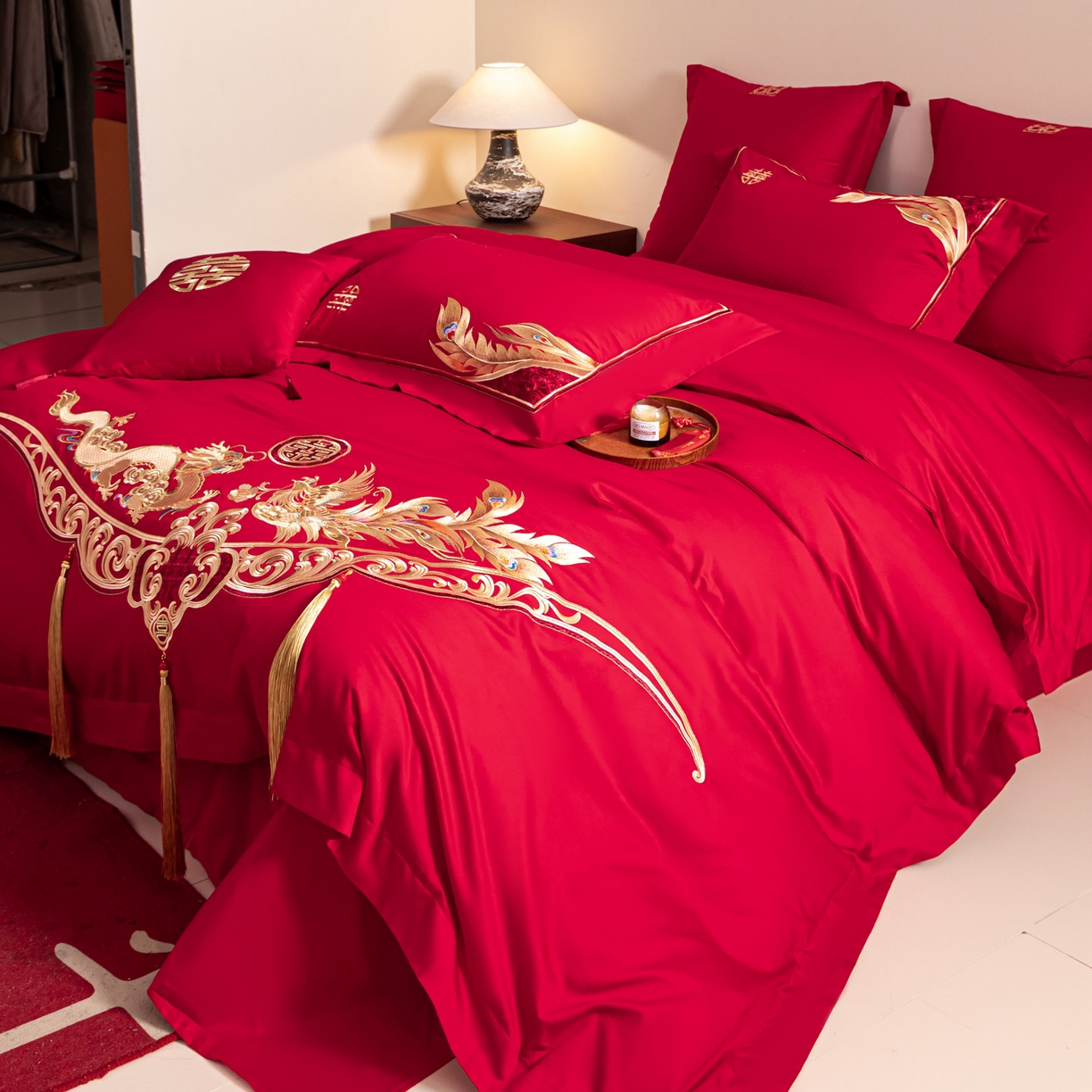 91家纺网 家纺一手货源 找家纺 东方合美（原：皇家传奇） 2026新款纯棉长绒棉刺绣婚庆四件套-龙凤系列 龙凤有囍