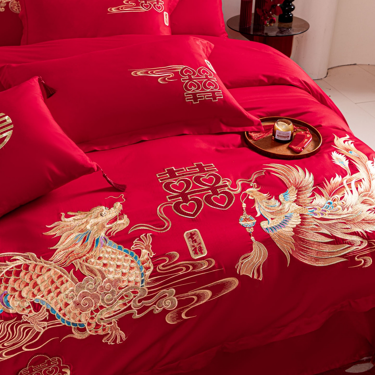 91家纺网 家纺一手货源 找家纺 东方合美（原：皇家传奇） 2026新款纯棉长绒棉刺绣婚庆四件套-龙凤系列 龙凤共舞