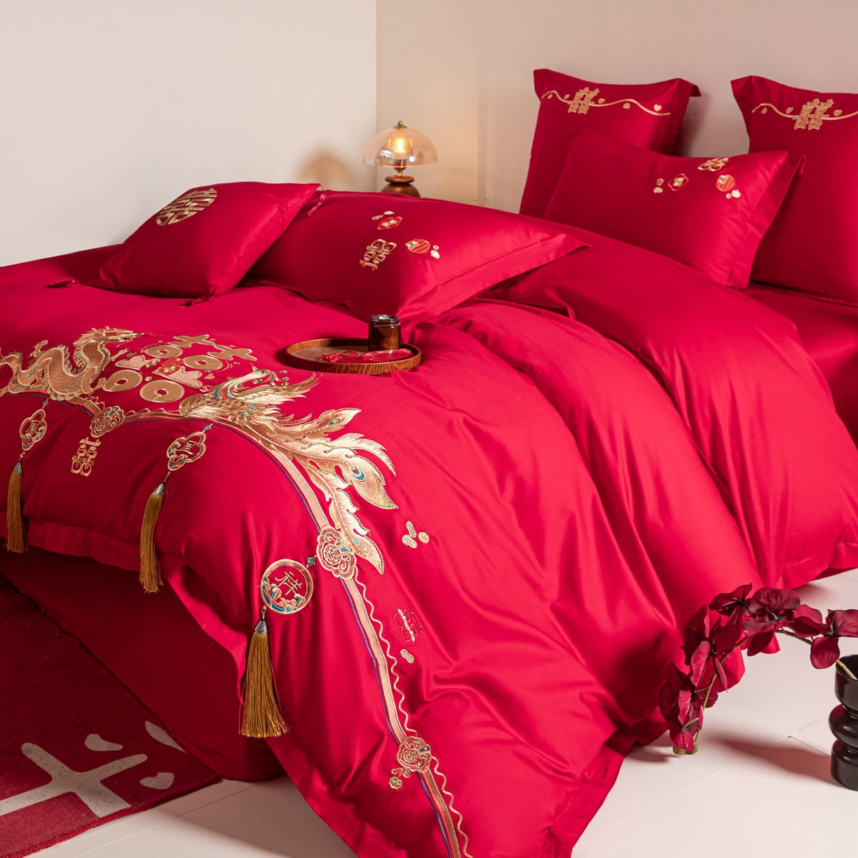 91家纺网 家纺一手货源 找家纺 东方合美（原：皇家传奇） 2026新款纯棉长绒棉刺绣婚庆四件套-龙凤系列 龙凤报喜