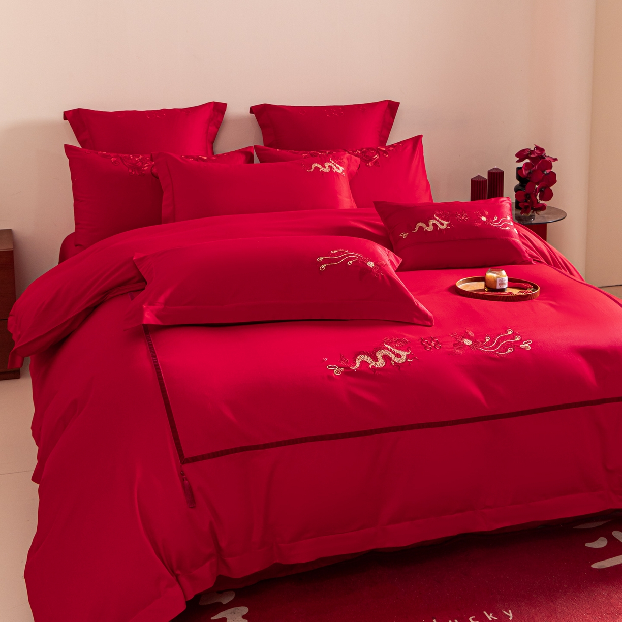 91家纺网 家纺一手货源 找家纺 东方合美（原：皇家传奇） 2026新款纯棉长绒棉刺绣婚庆四件套-龙凤系列 龙凤连理