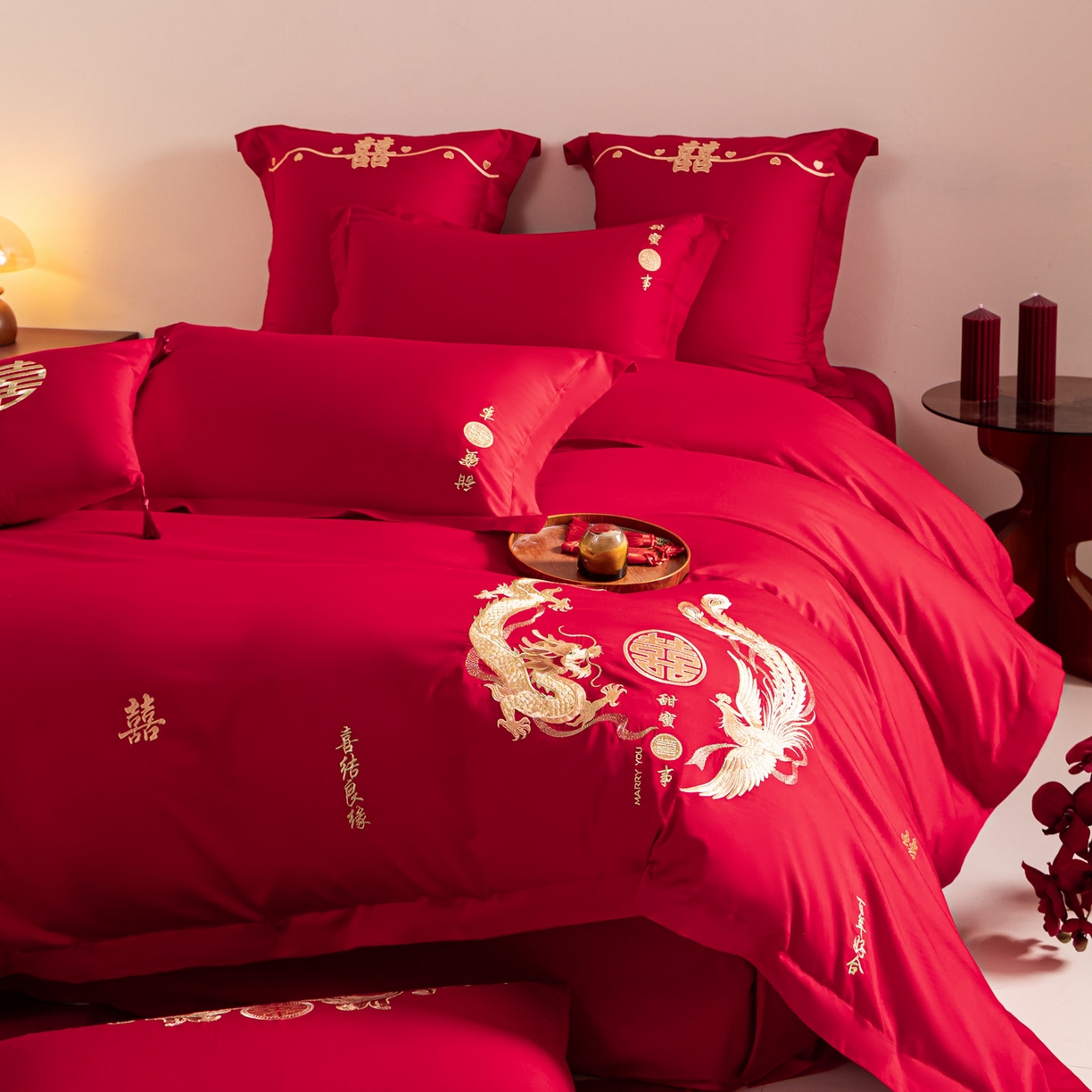 91家纺网 家纺一手货源 找家纺 东方合美（原：皇家传奇） 2026新款纯棉长绒棉刺绣婚庆四件套-龙凤系列 情比金坚