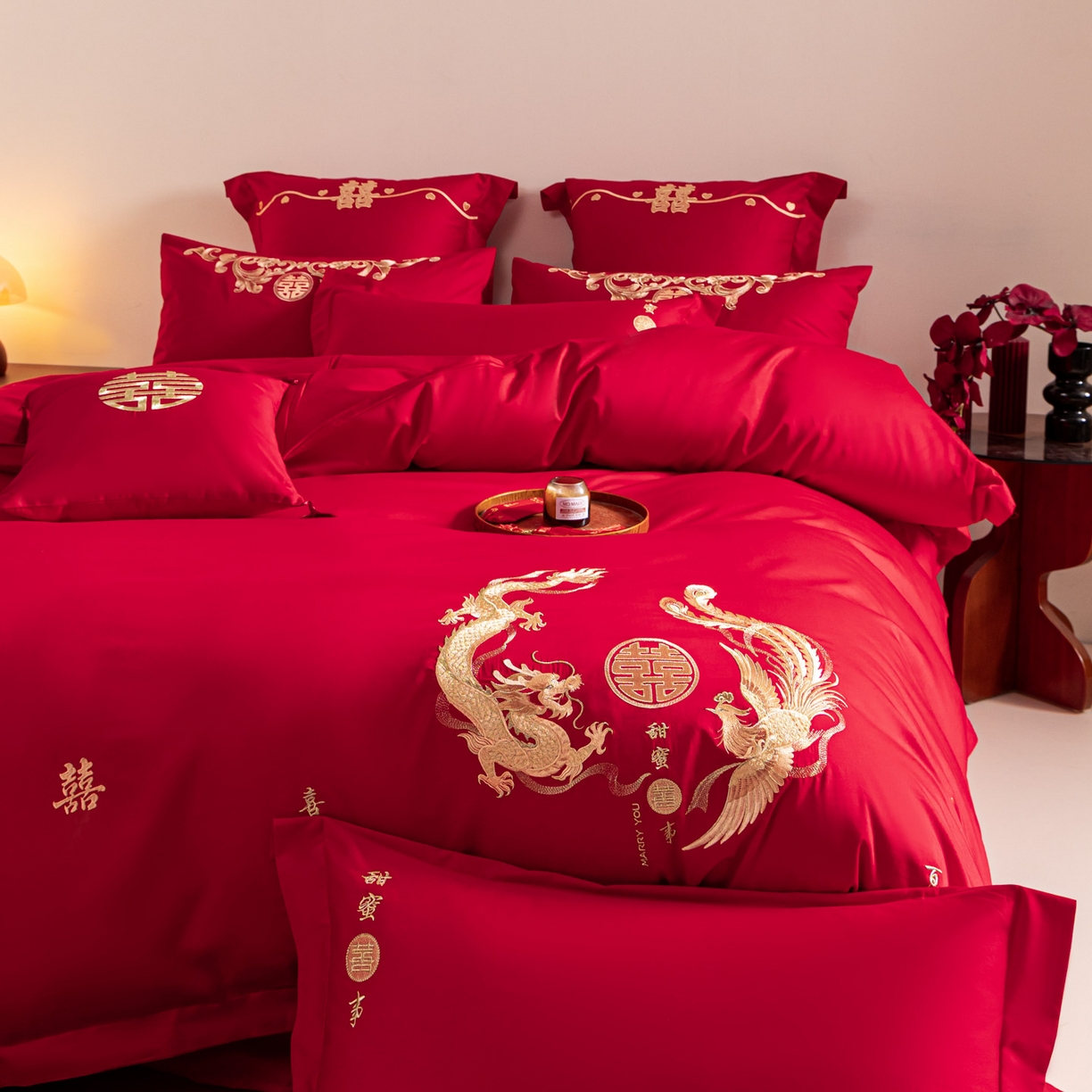 91家纺网 家纺一手货源 找家纺 东方合美（原：皇家传奇） 2026新款纯棉长绒棉刺绣婚庆四件套-龙凤系列 情比金坚