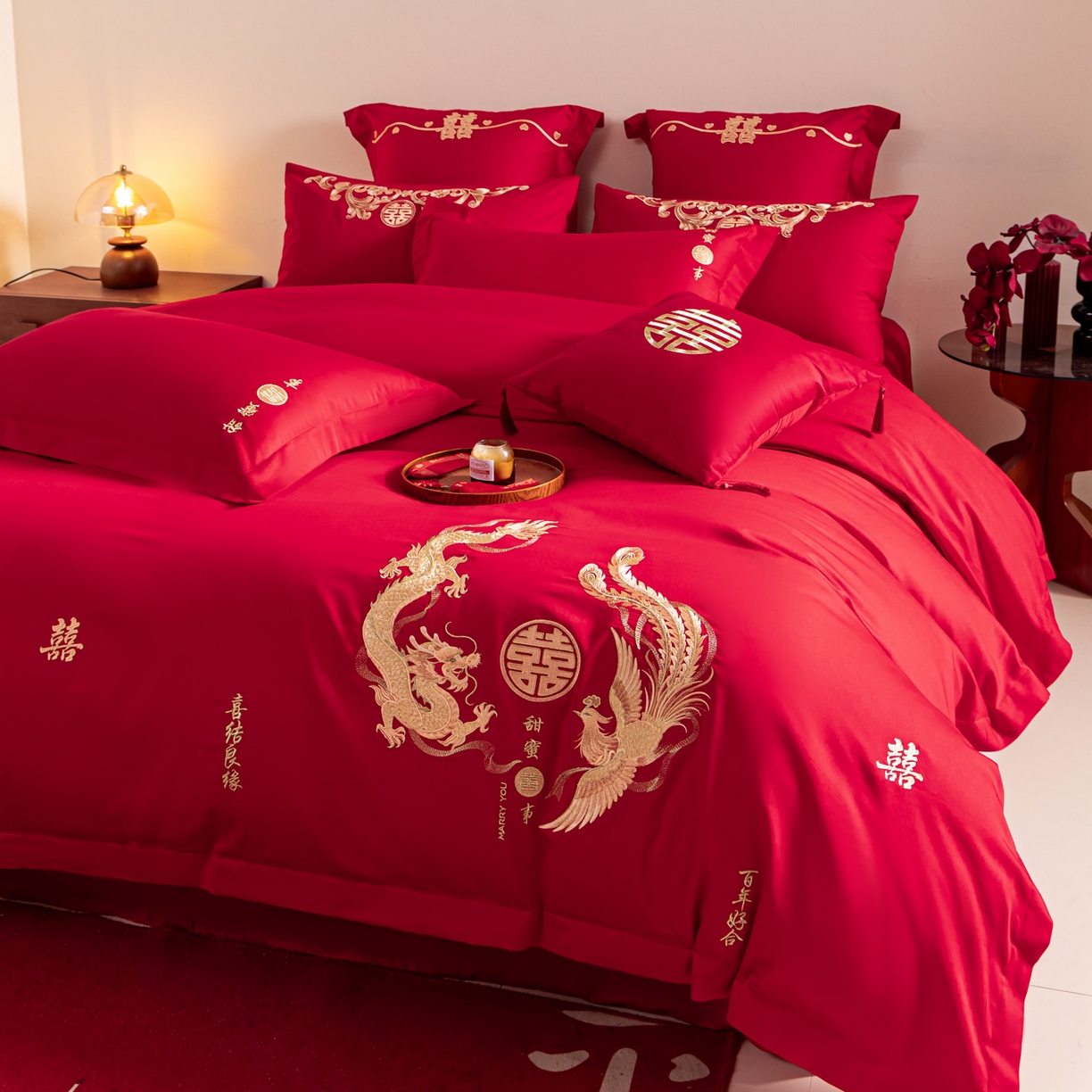 东方合美（原：皇家传奇） 2026新款纯棉长绒棉刺绣婚庆四件套-龙凤系列 情比金坚
