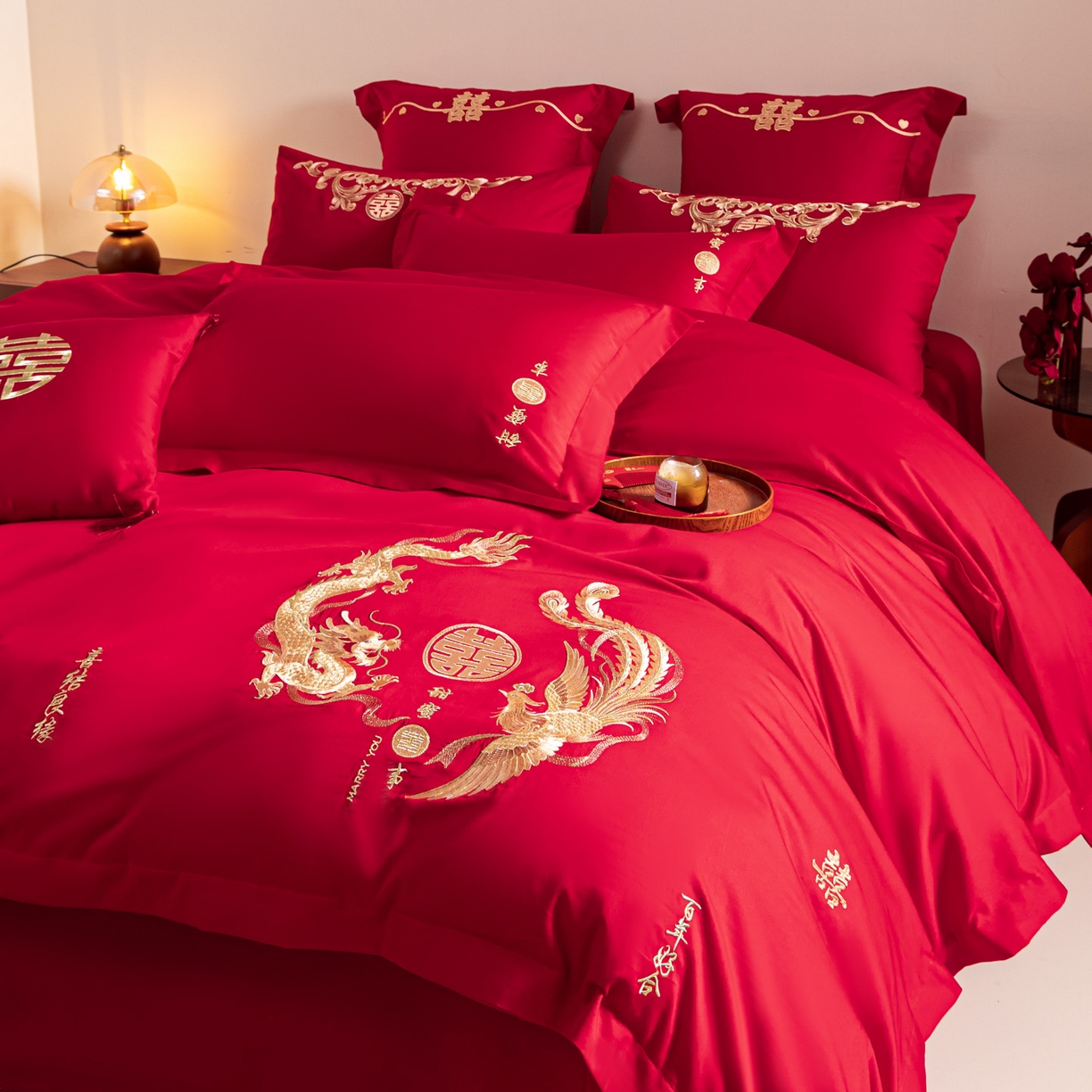 91家纺网 家纺一手货源 找家纺 东方合美（原：皇家传奇） 2026新款纯棉长绒棉刺绣婚庆四件套-龙凤系列 情比金坚