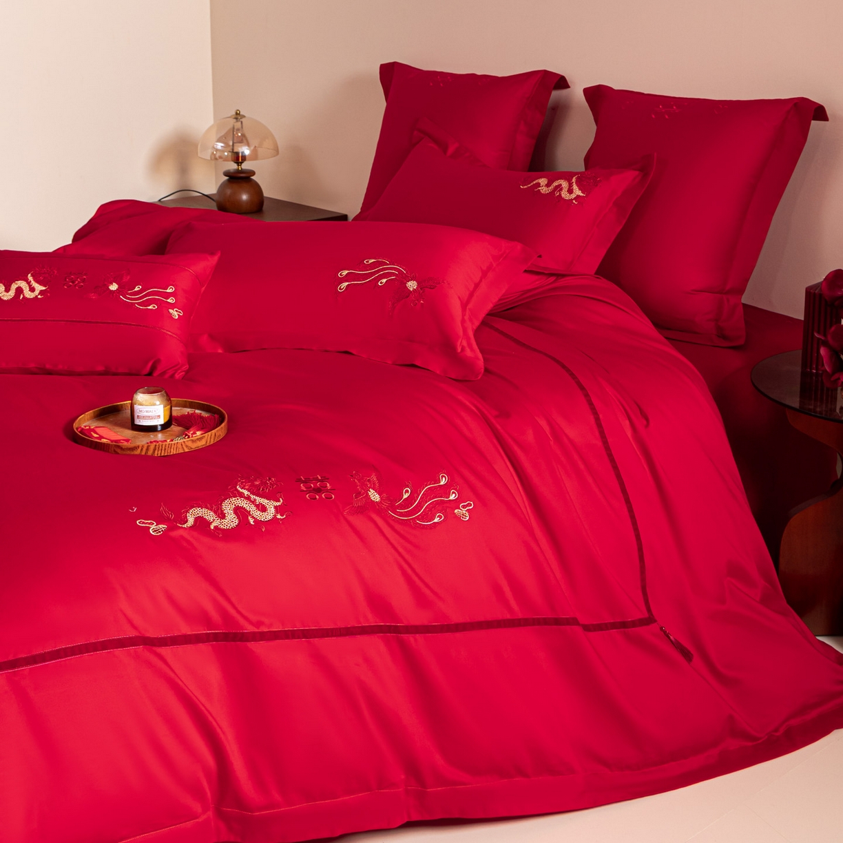 91家纺网 家纺一手货源 找家纺 东方合美（原：皇家传奇） 2026新款纯棉长绒棉刺绣婚庆四件套-龙凤系列 龙凤连理