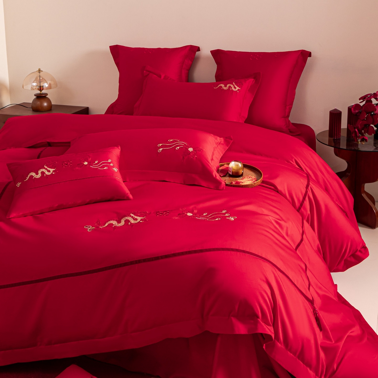 91家纺网 家纺一手货源 找家纺 东方合美（原：皇家传奇） 2026新款纯棉长绒棉刺绣婚庆四件套-龙凤系列 龙凤连理