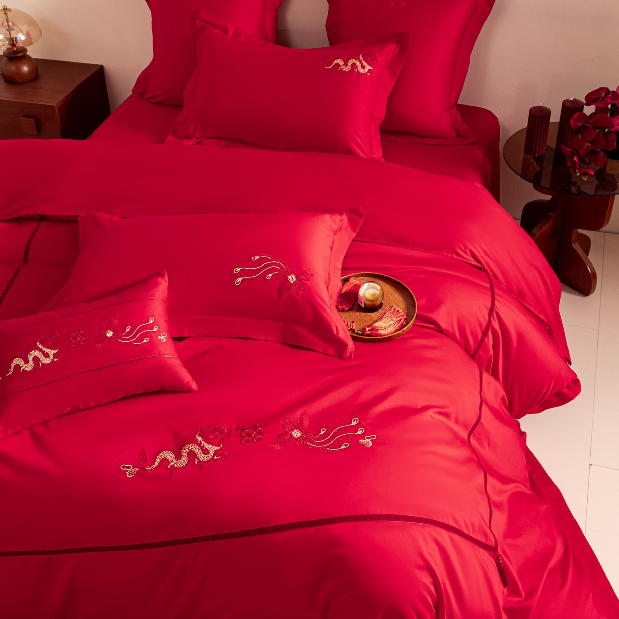 91家纺网 家纺一手货源 找家纺 东方合美（原：皇家传奇） 2026新款纯棉长绒棉刺绣婚庆四件套-龙凤系列 龙凤连理