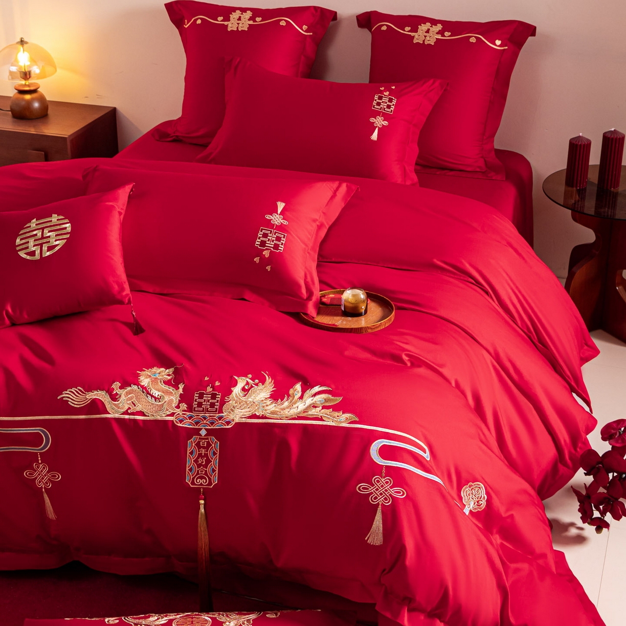 91家纺网 家纺一手货源 找家纺 东方合美（原：皇家传奇） 2026新款纯棉长绒棉刺绣婚庆四件套-龙凤系列 龙凤百合