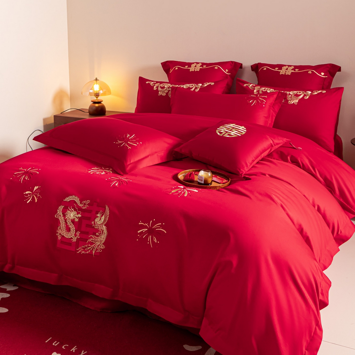 91家纺网 家纺一手货源 找家纺 东方合美（原：皇家传奇） 2026新款纯棉长绒棉刺绣婚庆四件套-龙凤系列 龙凤来喜