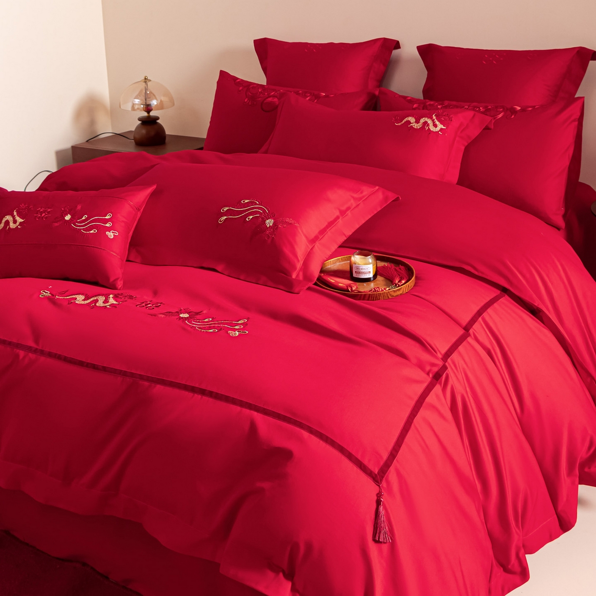 91家纺网 家纺一手货源 找家纺 东方合美（原：皇家传奇） 2026新款纯棉长绒棉刺绣婚庆四件套-龙凤系列 龙凤连理