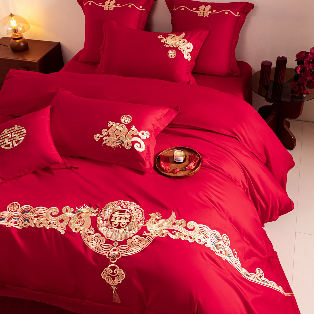 91家纺网 家纺一手货源 找家纺 东方合美（原：皇家传奇） 2026新款纯棉长绒棉刺绣婚庆四件套-龙凤系列 金彩龙凤