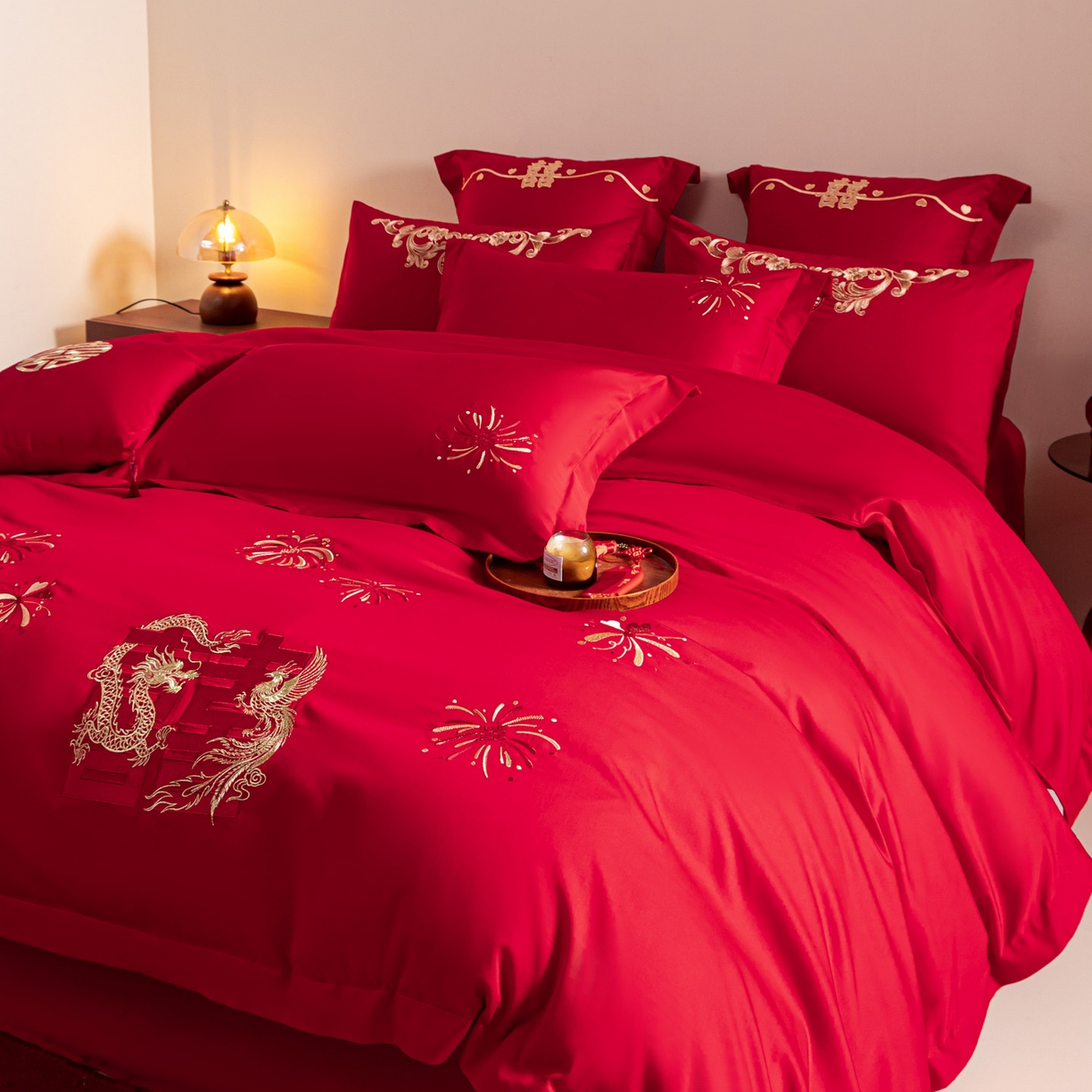 91家纺网 家纺一手货源 找家纺 东方合美（原：皇家传奇） 2026新款纯棉长绒棉刺绣婚庆四件套-龙凤系列 龙凤来喜