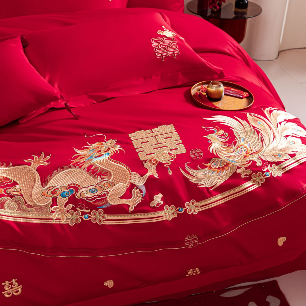 91家纺网 家纺一手货源 找家纺 东方合美（原：皇家传奇） 2026新款纯棉长绒棉刺绣婚庆四件套-龙凤系列 龙凤爱恋