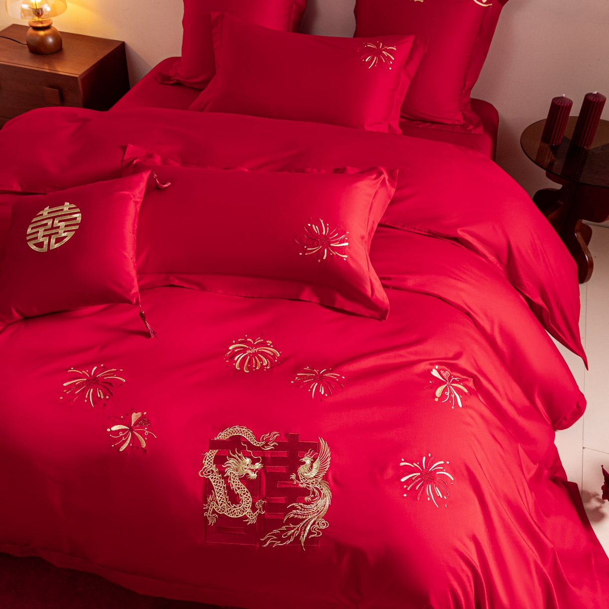91家纺网 家纺一手货源 找家纺 东方合美（原：皇家传奇） 2026新款纯棉长绒棉刺绣婚庆四件套-龙凤系列 龙凤来喜