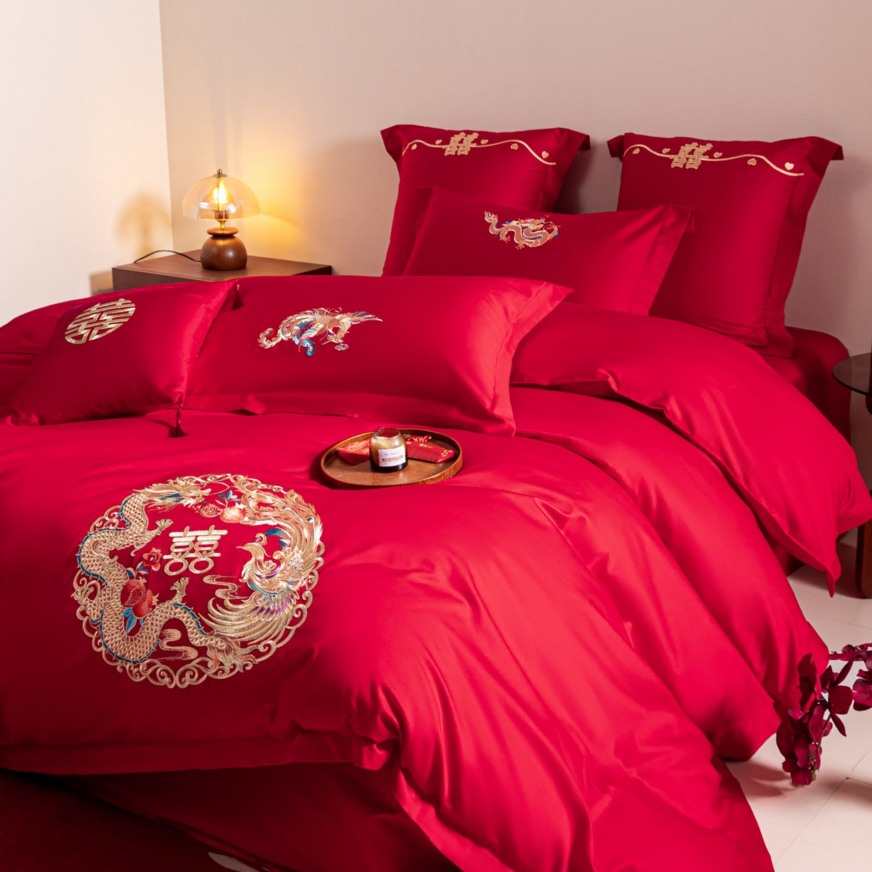91家纺网 家纺一手货源 找家纺 东方合美（原：皇家传奇） 2026新款纯棉长绒棉刺绣婚庆四件套-龙凤系列 龙凤圆满