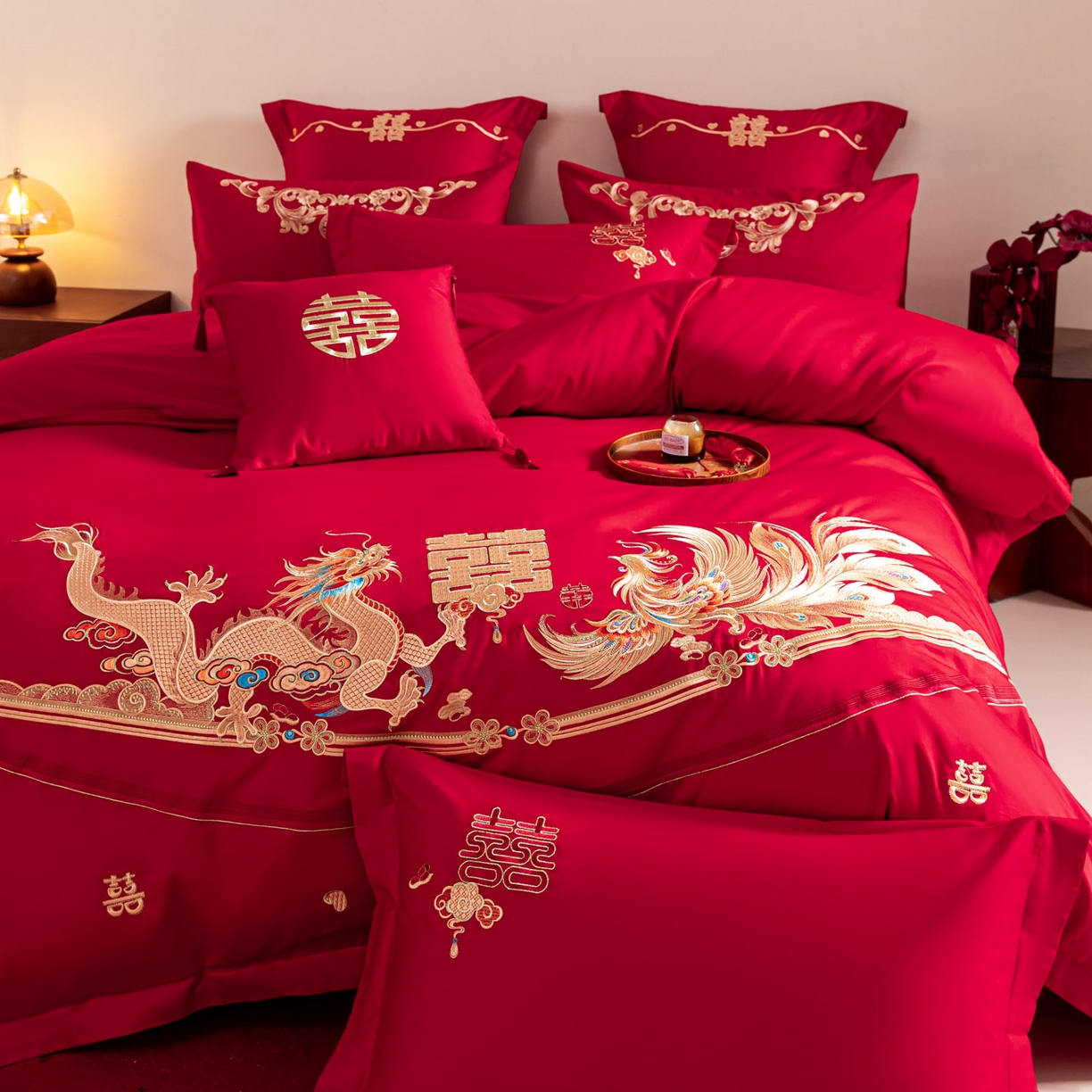 91家纺网 家纺一手货源 找家纺 东方合美（原：皇家传奇） 2026新款纯棉长绒棉刺绣婚庆四件套-龙凤系列 龙凤爱恋