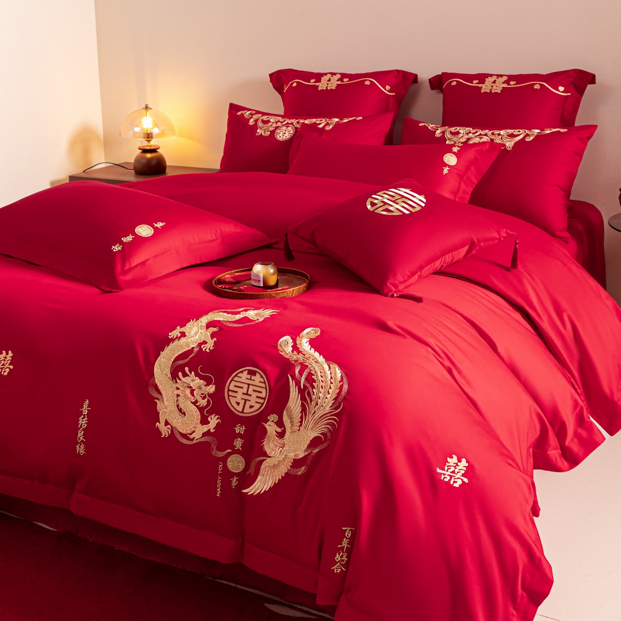 91家纺网 家纺一手货源 找家纺 东方合美（原：皇家传奇） 2026新款纯棉长绒棉刺绣婚庆四件套-龙凤系列 情比金坚