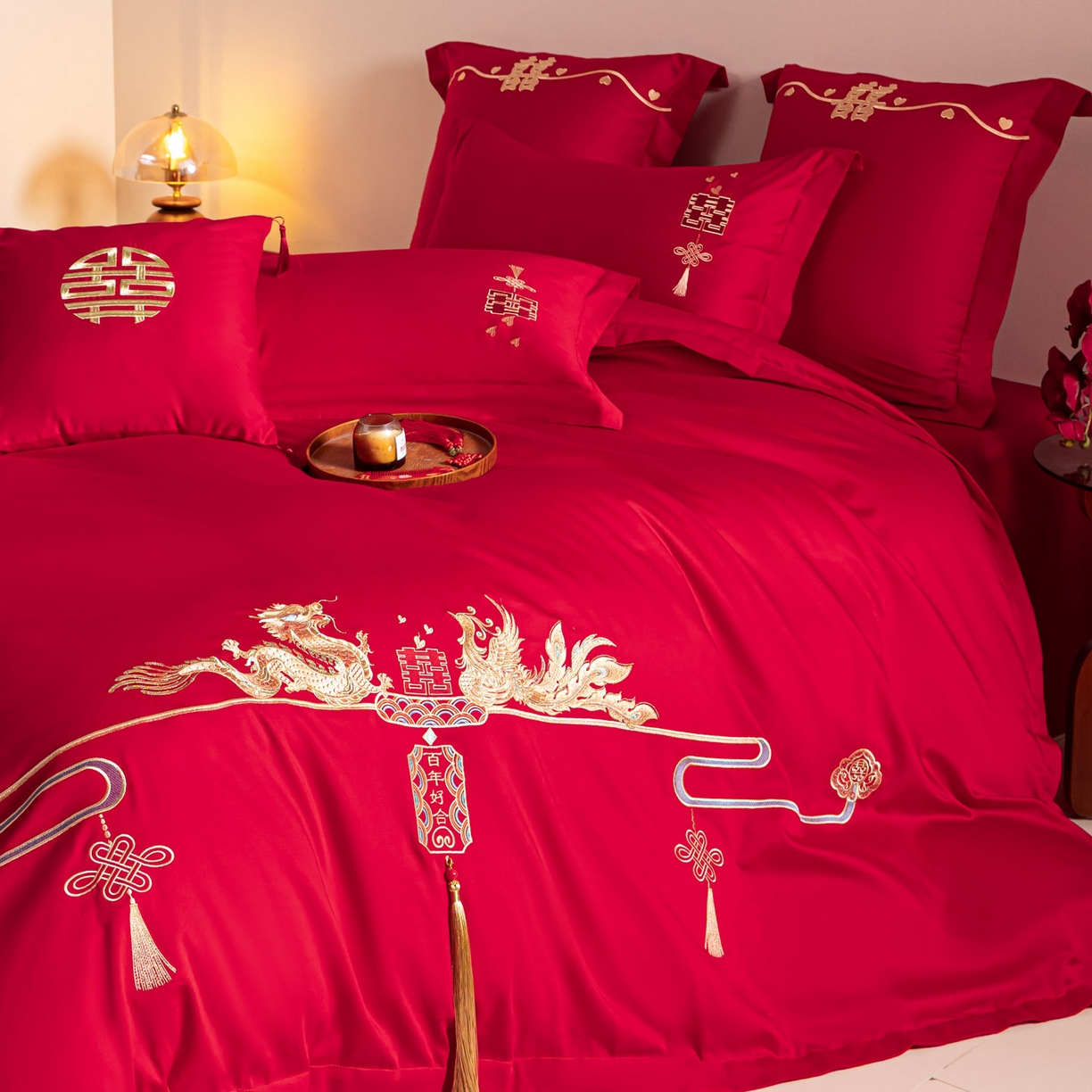 91家纺网 家纺一手货源 找家纺 东方合美（原：皇家传奇） 2026新款纯棉长绒棉刺绣婚庆四件套-龙凤系列 龙凤百合