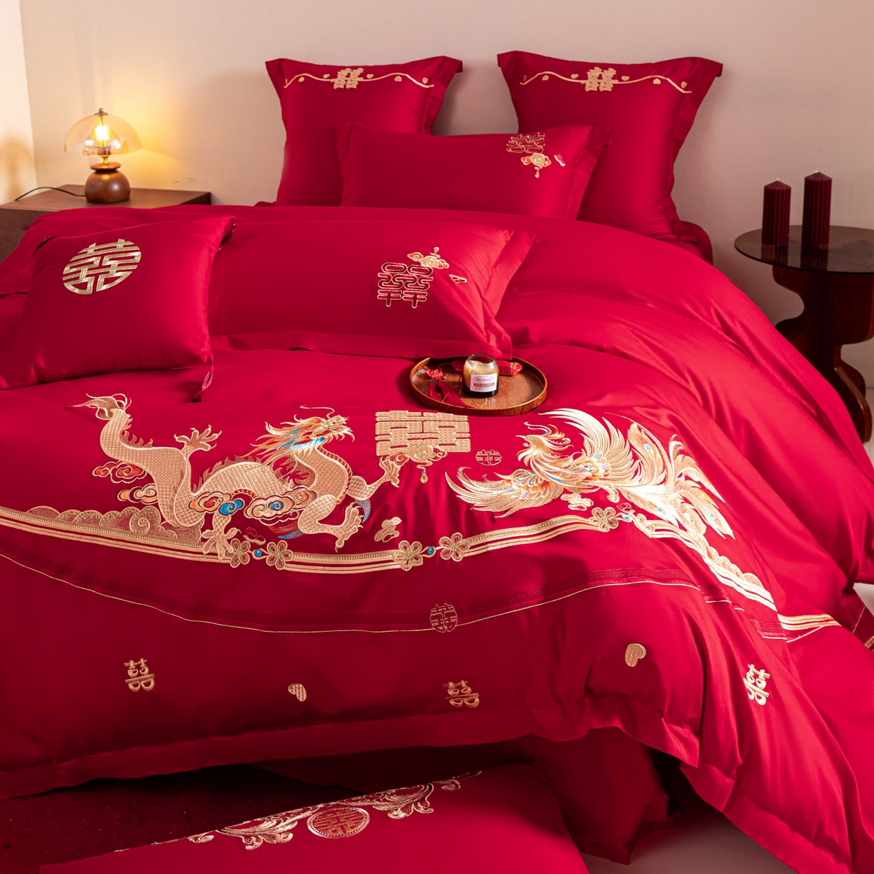 91家纺网 家纺一手货源 找家纺 东方合美（原：皇家传奇） 2026新款纯棉长绒棉刺绣婚庆四件套-龙凤系列 龙凤爱恋