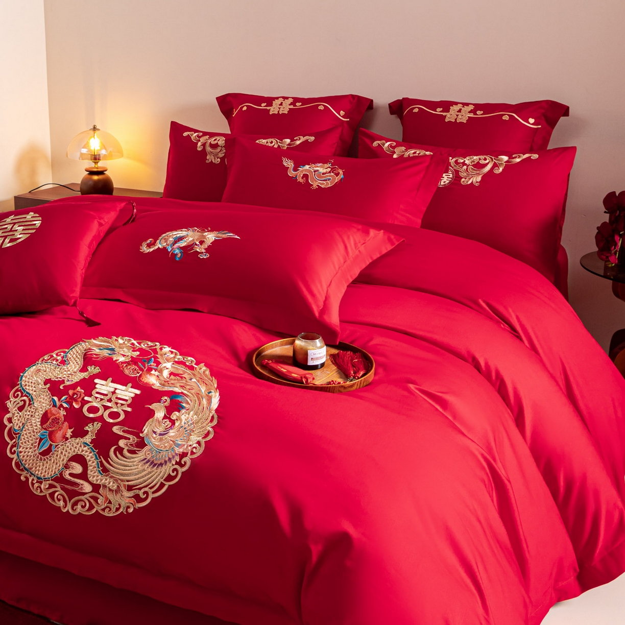 91家纺网 家纺一手货源 找家纺 东方合美（原：皇家传奇） 2026新款纯棉长绒棉刺绣婚庆四件套-龙凤系列 龙凤圆满