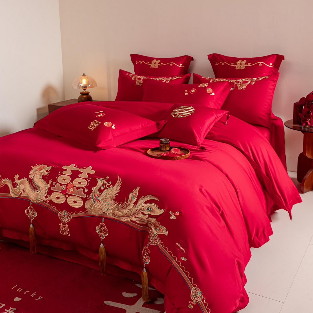 91家纺网 家纺一手货源 找家纺 东方合美（原：皇家传奇） 2026新款纯棉长绒棉刺绣婚庆四件套-龙凤系列 龙凤报喜