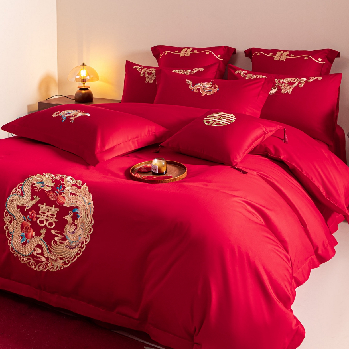 91家纺网 家纺一手货源 找家纺 东方合美（原：皇家传奇） 2026新款纯棉长绒棉刺绣婚庆四件套-龙凤系列 龙凤圆满