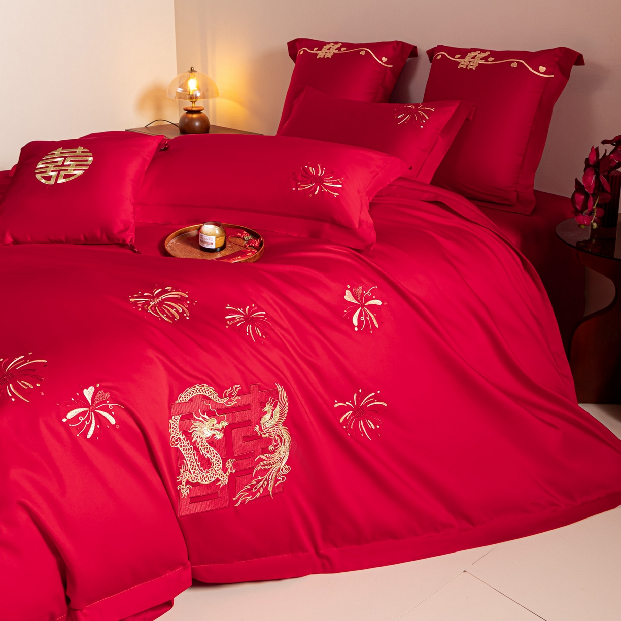 91家纺网 家纺一手货源 找家纺 东方合美（原：皇家传奇） 2026新款纯棉长绒棉刺绣婚庆四件套-龙凤系列 龙凤来喜