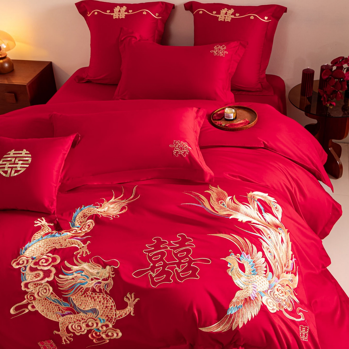 91家纺网 家纺一手货源 找家纺 东方合美（原：皇家传奇） 2026新款纯棉长绒棉刺绣婚庆四件套-龙凤系列 龙凤华贵