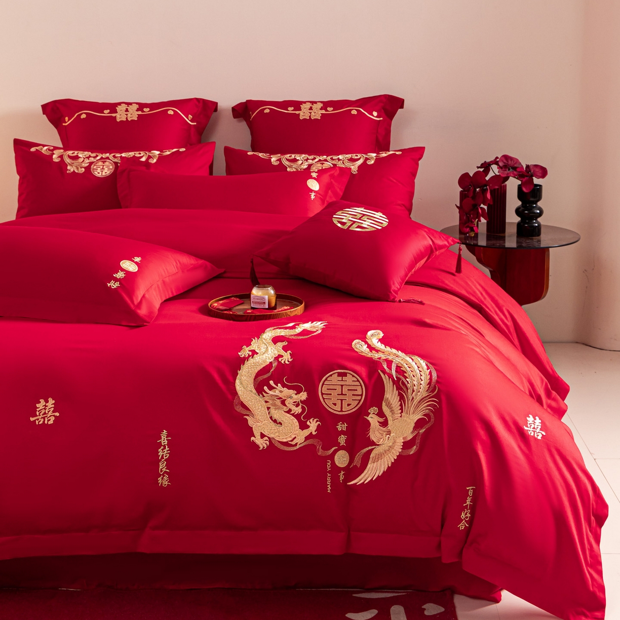 91家纺网 家纺一手货源 找家纺 东方合美（原：皇家传奇） 2026新款纯棉长绒棉刺绣婚庆四件套-龙凤系列 情比金坚