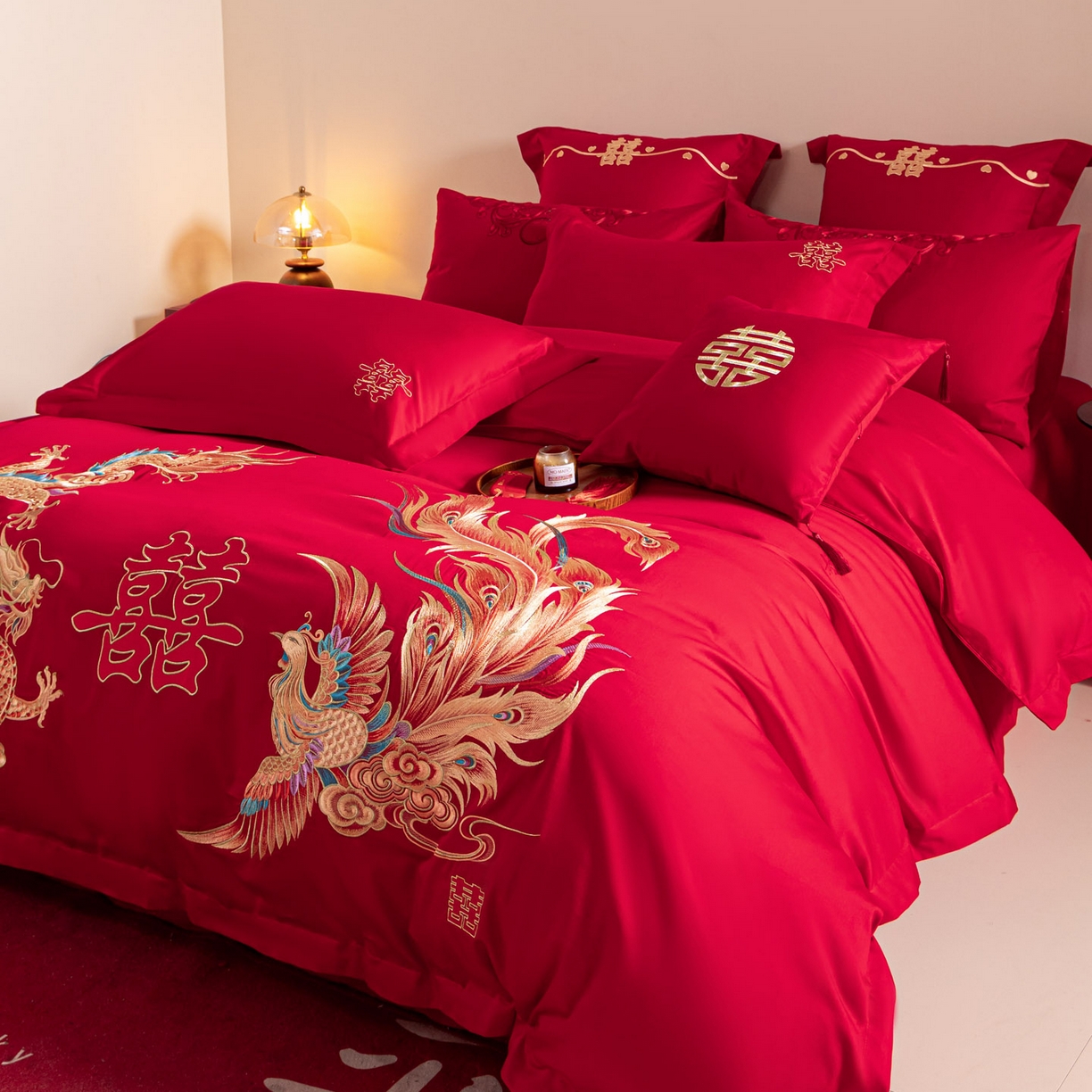 91家纺网 家纺一手货源 找家纺 东方合美（原：皇家传奇） 2026新款纯棉长绒棉刺绣婚庆四件套-龙凤系列 龙凤华贵