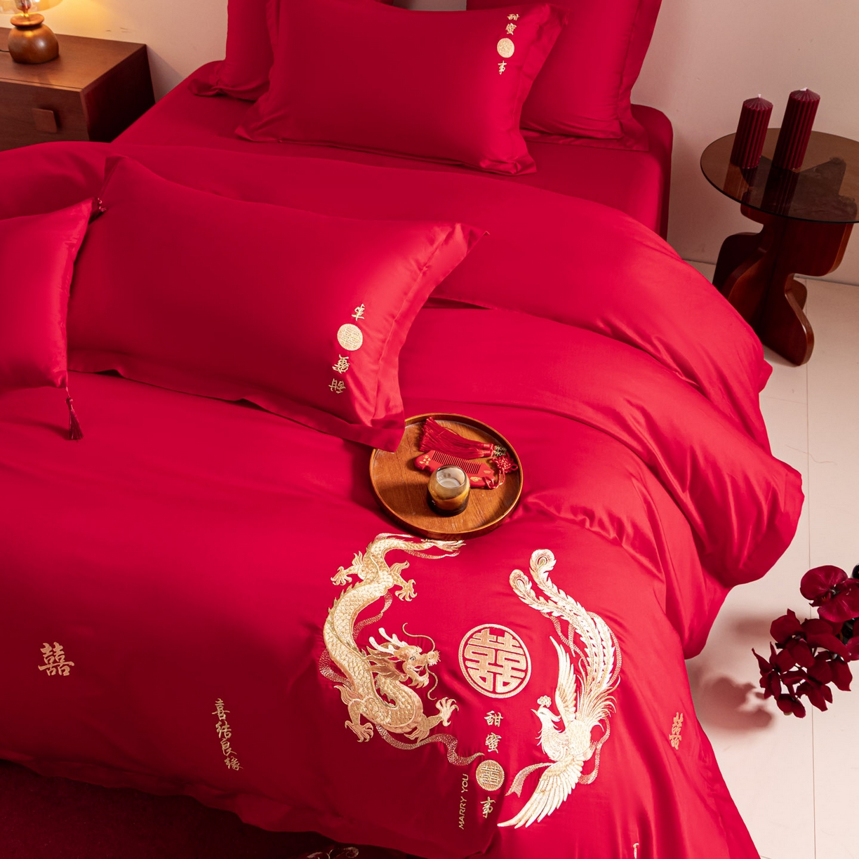 91家纺网 家纺一手货源 找家纺 东方合美（原：皇家传奇） 2026新款纯棉长绒棉刺绣婚庆四件套-龙凤系列 情比金坚