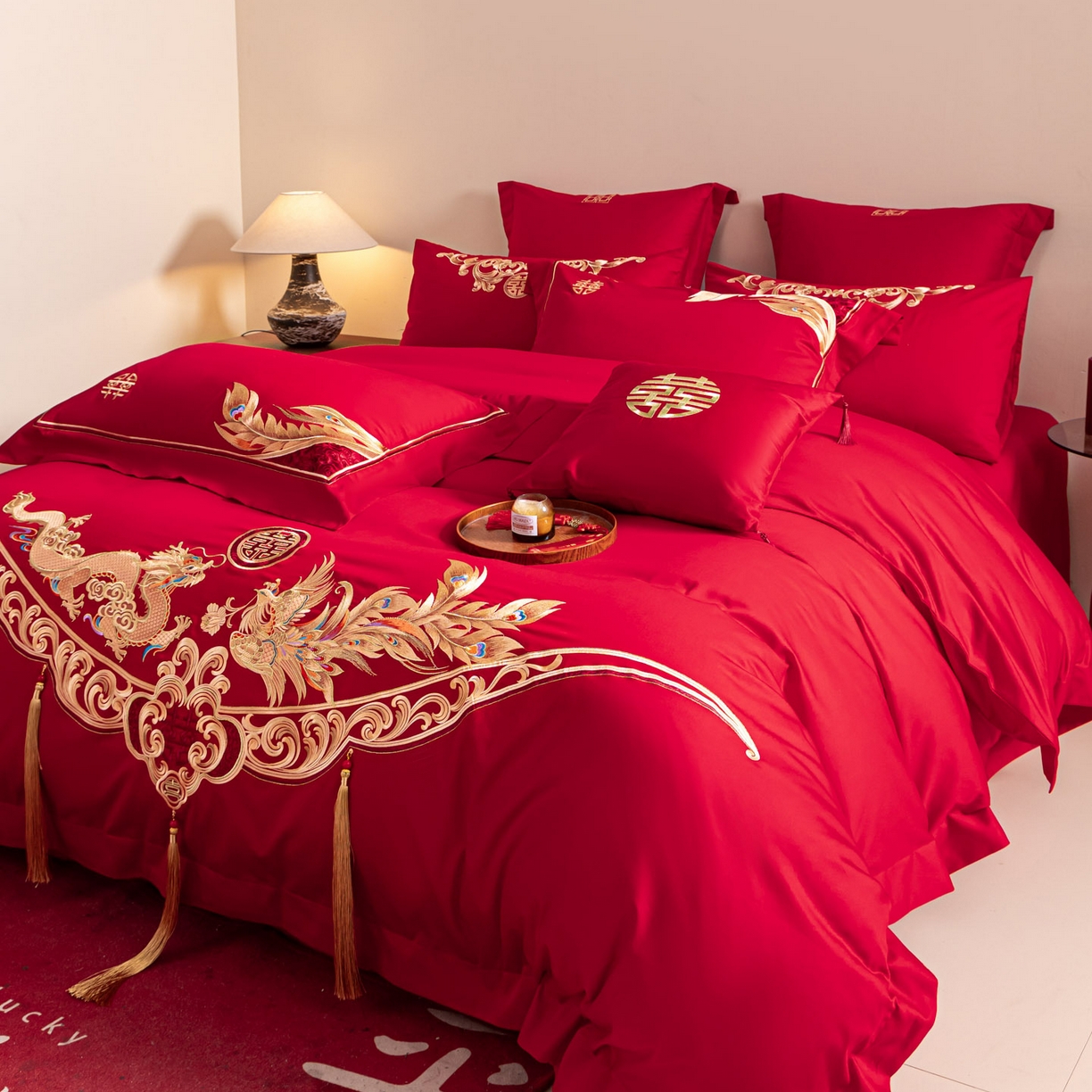 91家纺网 家纺一手货源 找家纺 东方合美（原：皇家传奇） 2026新款纯棉长绒棉刺绣婚庆四件套-龙凤系列 龙凤有囍