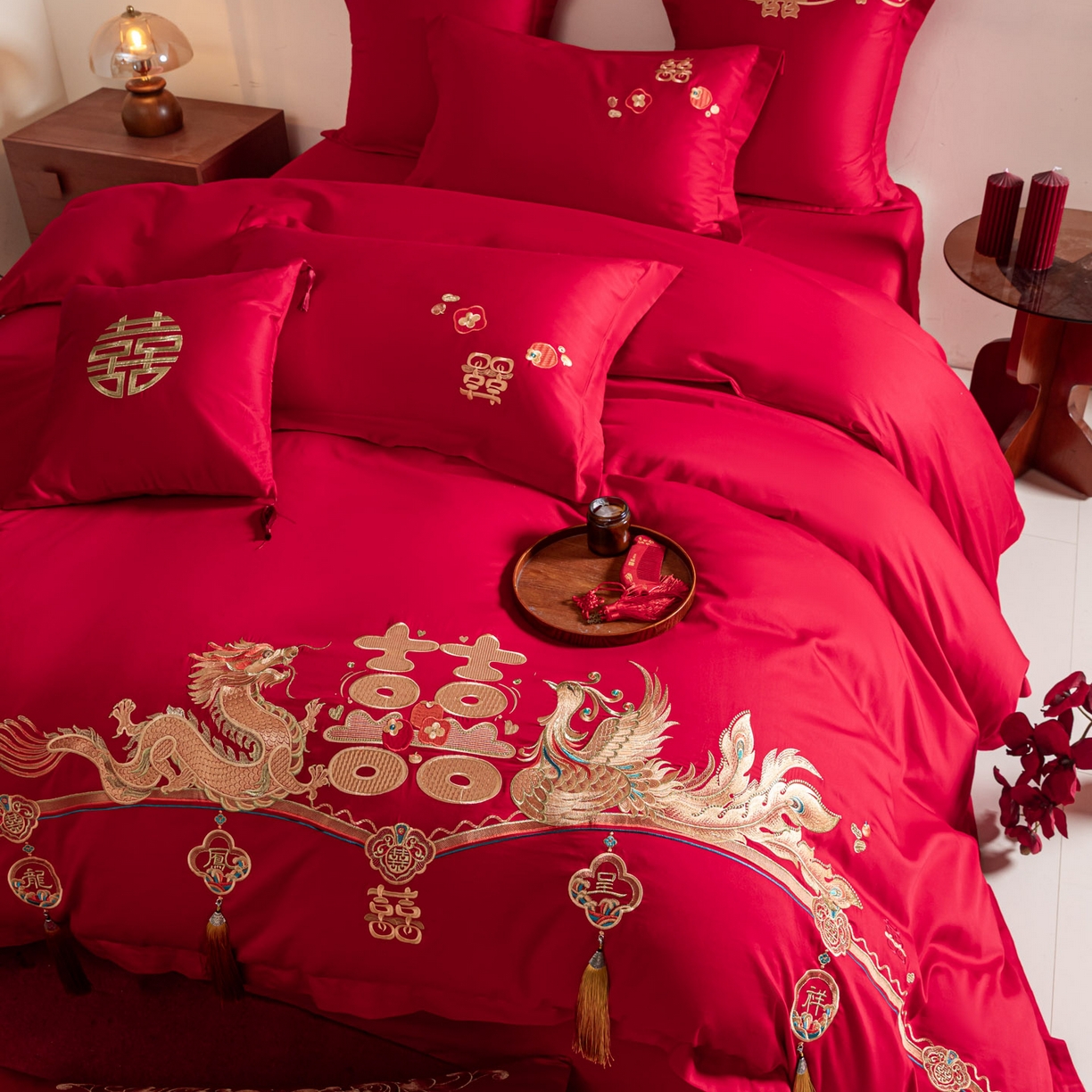 91家纺网 家纺一手货源 找家纺 东方合美（原：皇家传奇） 2026新款纯棉长绒棉刺绣婚庆四件套-龙凤系列 龙凤报喜
