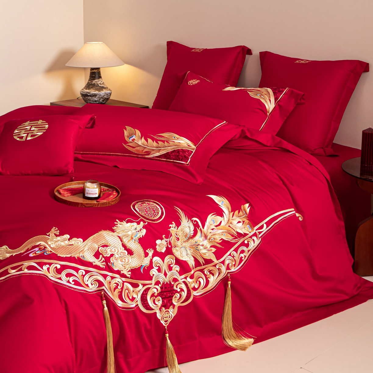 91家纺网 家纺一手货源 找家纺 东方合美（原：皇家传奇） 2026新款纯棉长绒棉刺绣婚庆四件套-龙凤系列 龙凤有囍