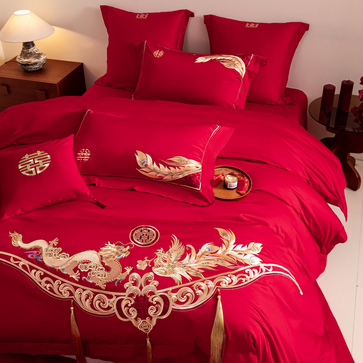91家纺网 家纺一手货源 找家纺 东方合美（原：皇家传奇） 2026新款纯棉长绒棉刺绣婚庆四件套-龙凤系列 龙凤有囍
