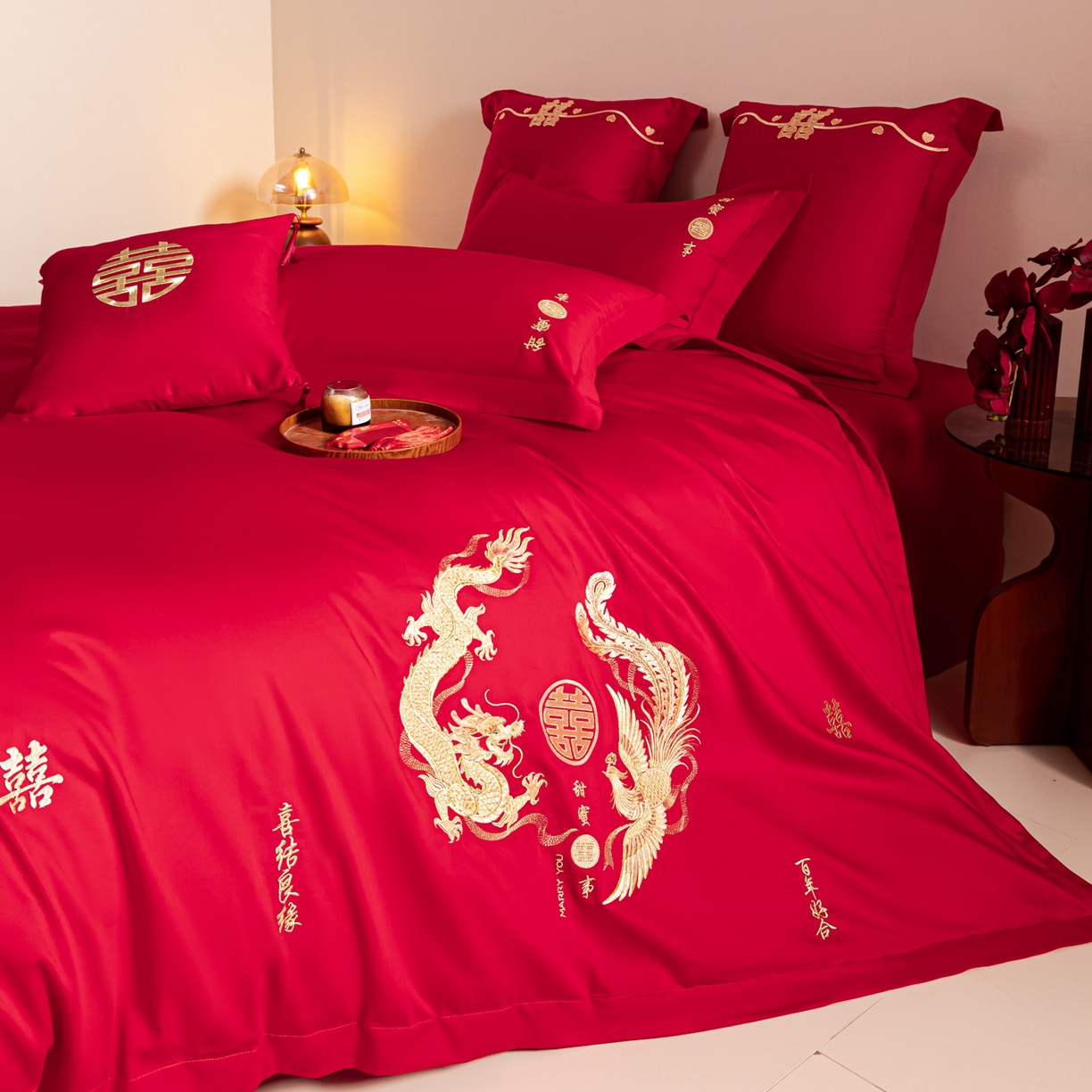 91家纺网 家纺一手货源 找家纺 东方合美（原：皇家传奇） 2026新款纯棉长绒棉刺绣婚庆四件套-龙凤系列 情比金坚