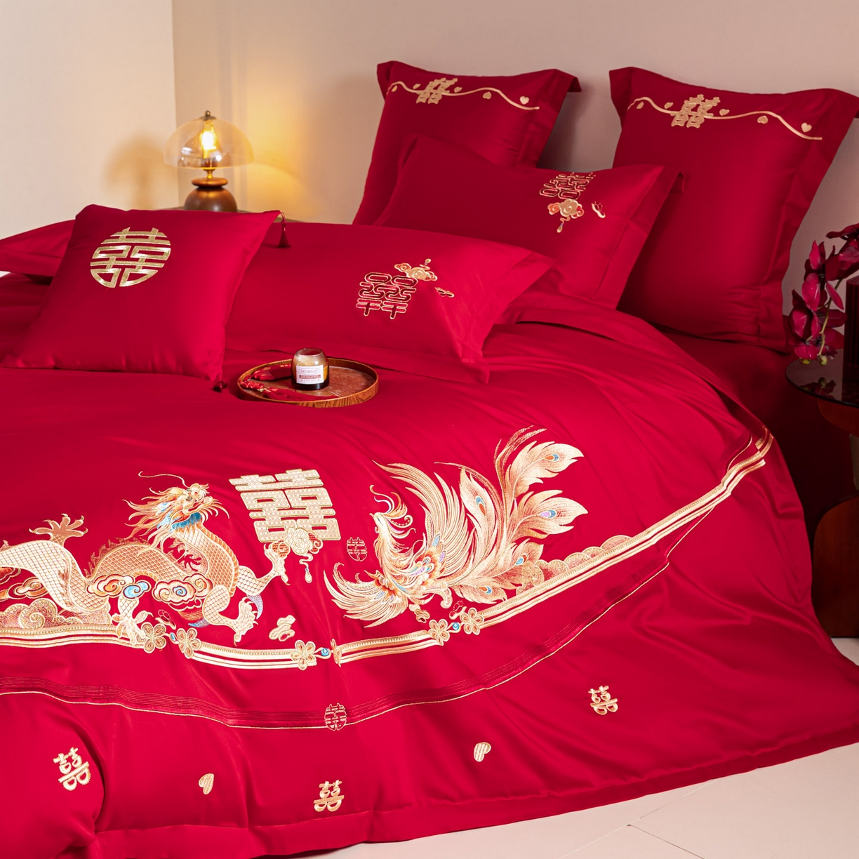 91家纺网 家纺一手货源 找家纺 东方合美（原：皇家传奇） 2026新款纯棉长绒棉刺绣婚庆四件套-龙凤系列 龙凤爱恋