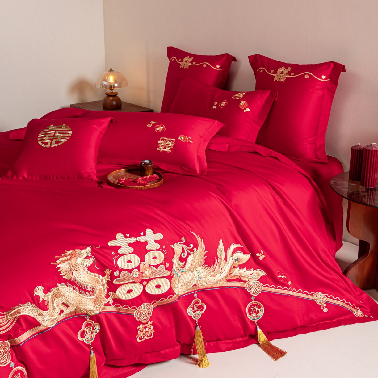 91家纺网 家纺一手货源 找家纺 东方合美（原：皇家传奇） 2026新款纯棉长绒棉刺绣婚庆四件套-龙凤系列 龙凤报喜