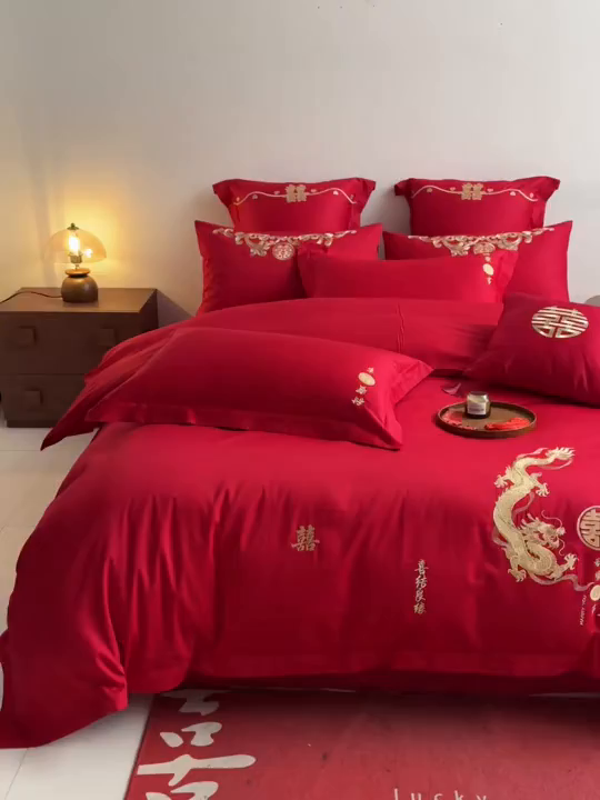 91家纺网 家纺一手货源 找家纺 东方合美（原：皇家传奇） 2026新款纯棉长绒棉刺绣婚庆四件套-龙凤系列 情比金坚