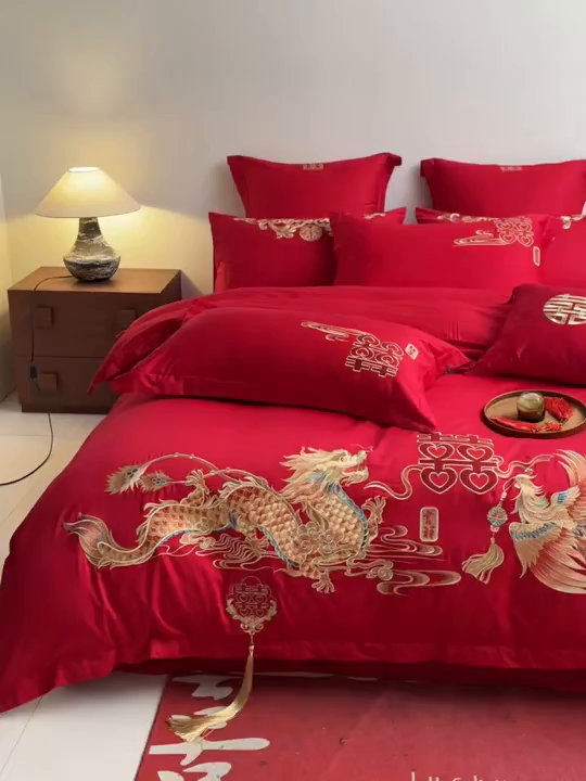 91家纺网 家纺一手货源 找家纺 东方合美（原：皇家传奇） 2026新款纯棉长绒棉刺绣婚庆四件套-龙凤系列 龙凤共舞