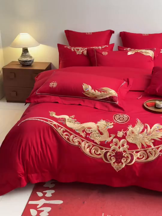 91家纺网 家纺一手货源 找家纺 东方合美（原：皇家传奇） 2026新款纯棉长绒棉刺绣婚庆四件套-龙凤系列 龙凤有囍