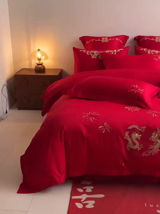 91家纺网 家纺一手货源 找家纺 东方合美（原：皇家传奇） 2026新款纯棉长绒棉刺绣婚庆四件套-龙凤系列 龙凤来喜