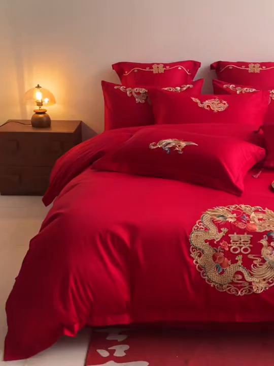 91家纺网 家纺一手货源 找家纺 东方合美（原：皇家传奇） 2026新款纯棉长绒棉刺绣婚庆四件套-龙凤系列 龙凤圆满