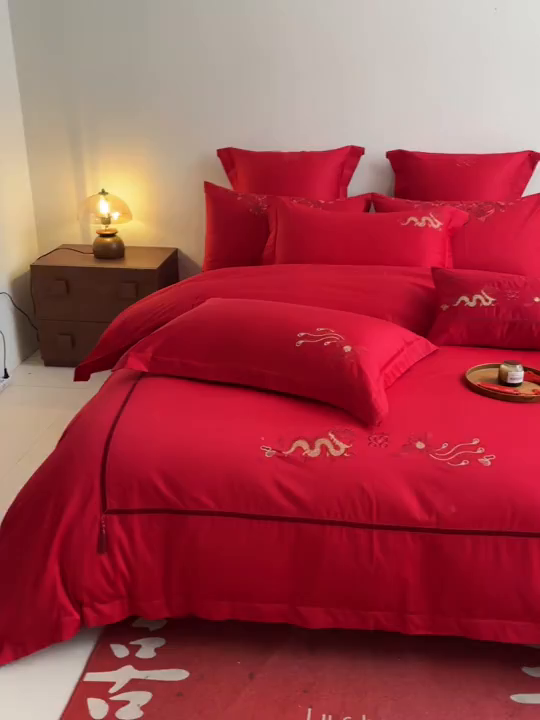 91家纺网 家纺一手货源 找家纺 东方合美（原：皇家传奇） 2026新款纯棉长绒棉刺绣婚庆四件套-龙凤系列 龙凤连理