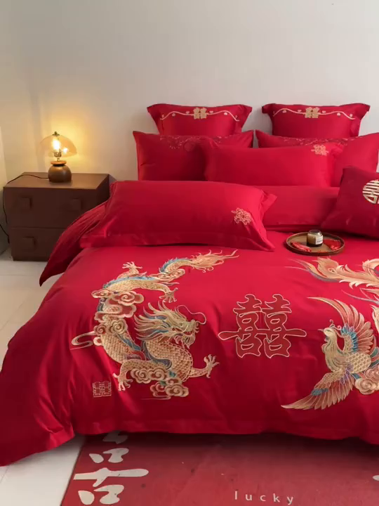 91家纺网 家纺一手货源 找家纺 东方合美（原：皇家传奇） 2026新款纯棉长绒棉刺绣婚庆四件套-龙凤系列 龙凤华贵