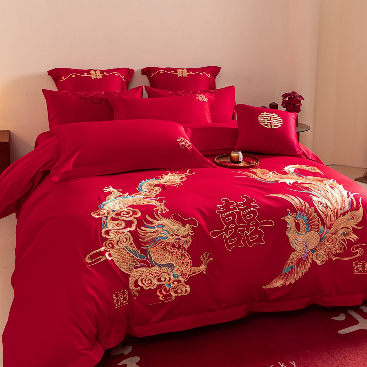 91家纺网 家纺一手货源 找家纺 东方合美（原：皇家传奇） 2026新款纯棉长绒棉刺绣婚庆四件套-龙凤系列 龙凤华贵