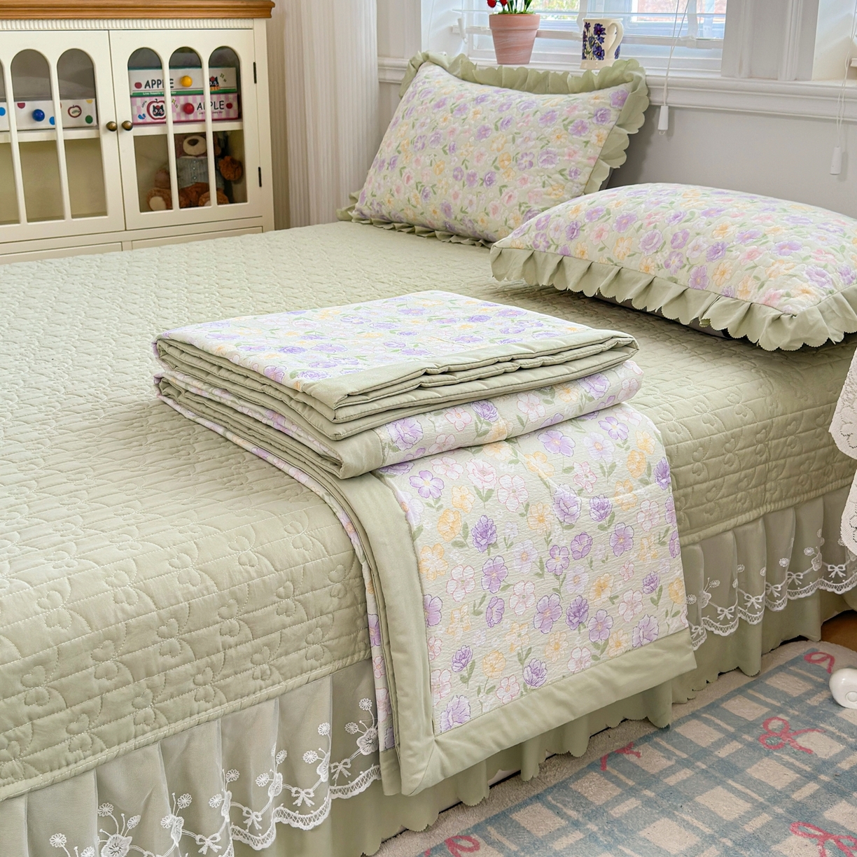 91家纺网 家纺一手货源 找家纺 雅眠居 2026新款直播爆款古法仿棉双层蕾丝花边床盖四件套 AB版-花海