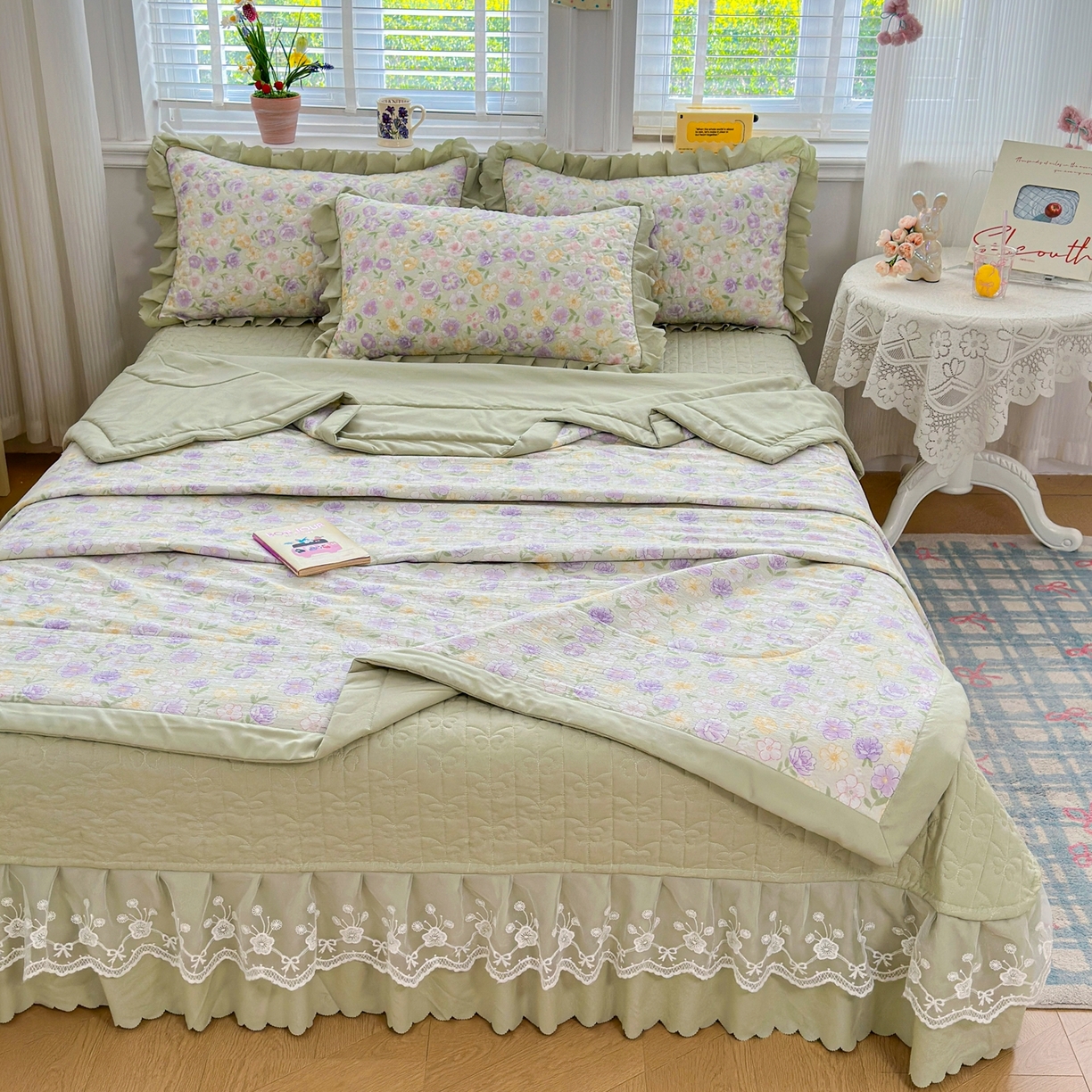 91家纺网 家纺一手货源 找家纺 雅眠居 2026新款直播爆款古法仿棉双层蕾丝花边床盖四件套 AB版-花海